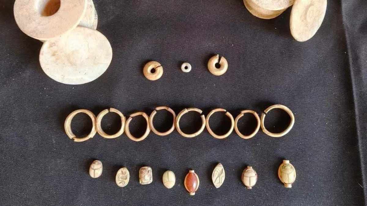 Ancient burial artifacts with gold jewelry from Heliopolis excavation