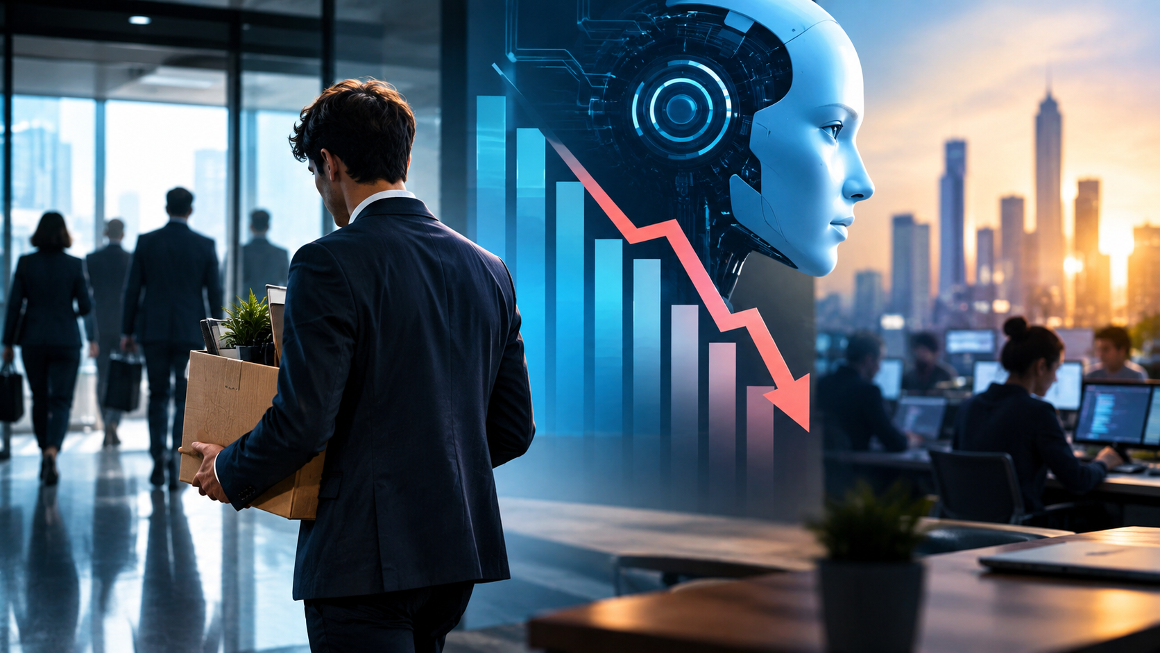 Illustration representing AI's role in US layoffs and workforce transformation