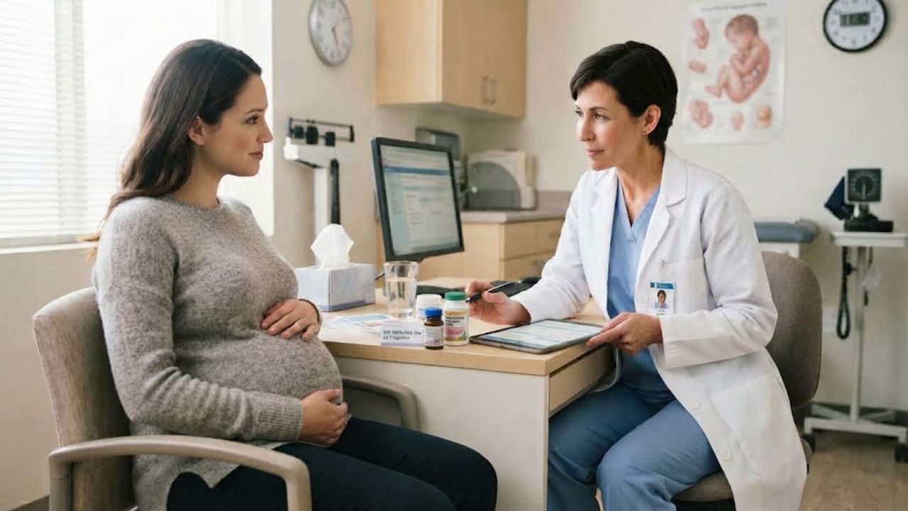 Illustration of medication packaging and pregnancy