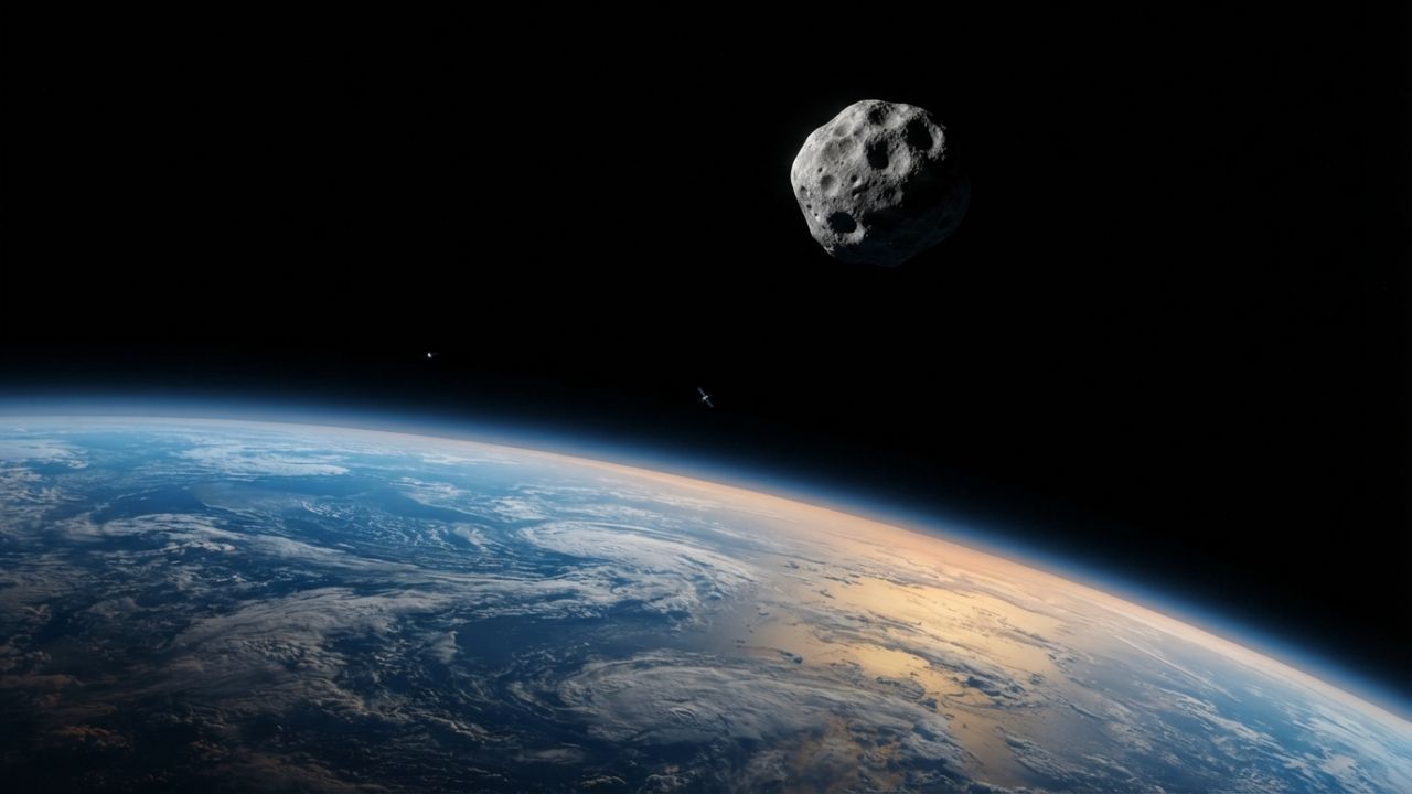 Close-approach visualization showing asteroid 2026 SZ2 trajectory relative to geostationary orbit