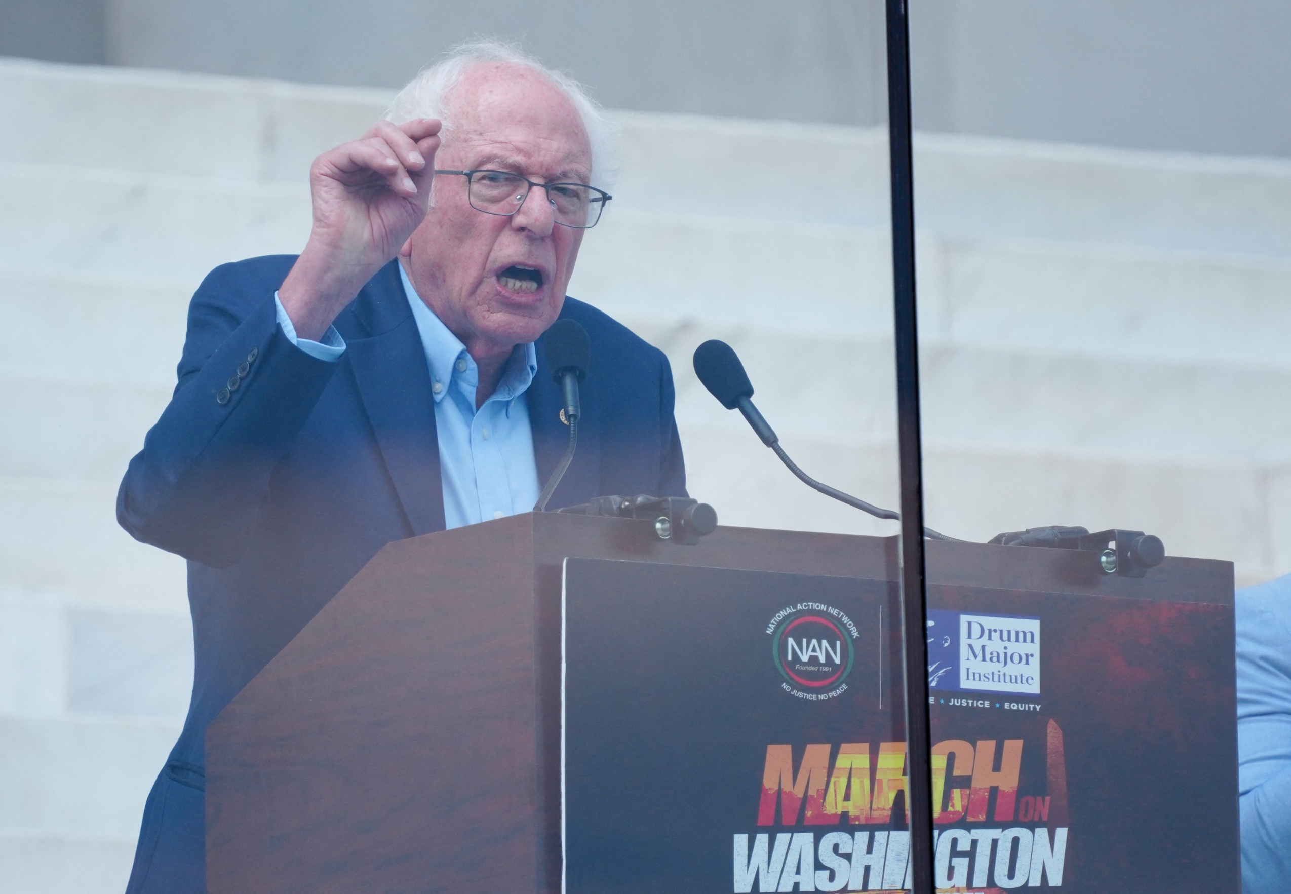 Senator Bernie Sanders speaking at a press conference