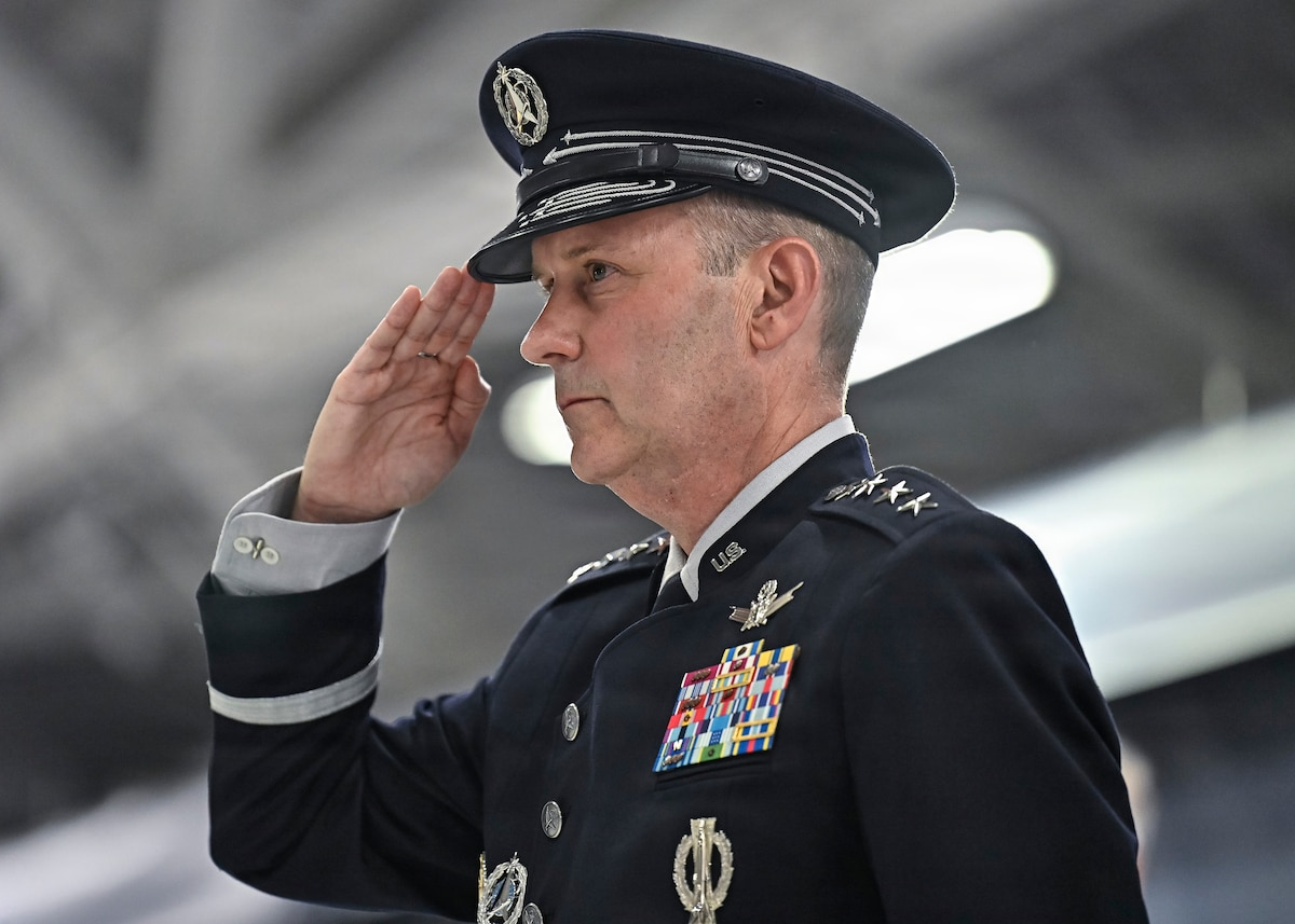 Gen. Douglas Schiess saluting
