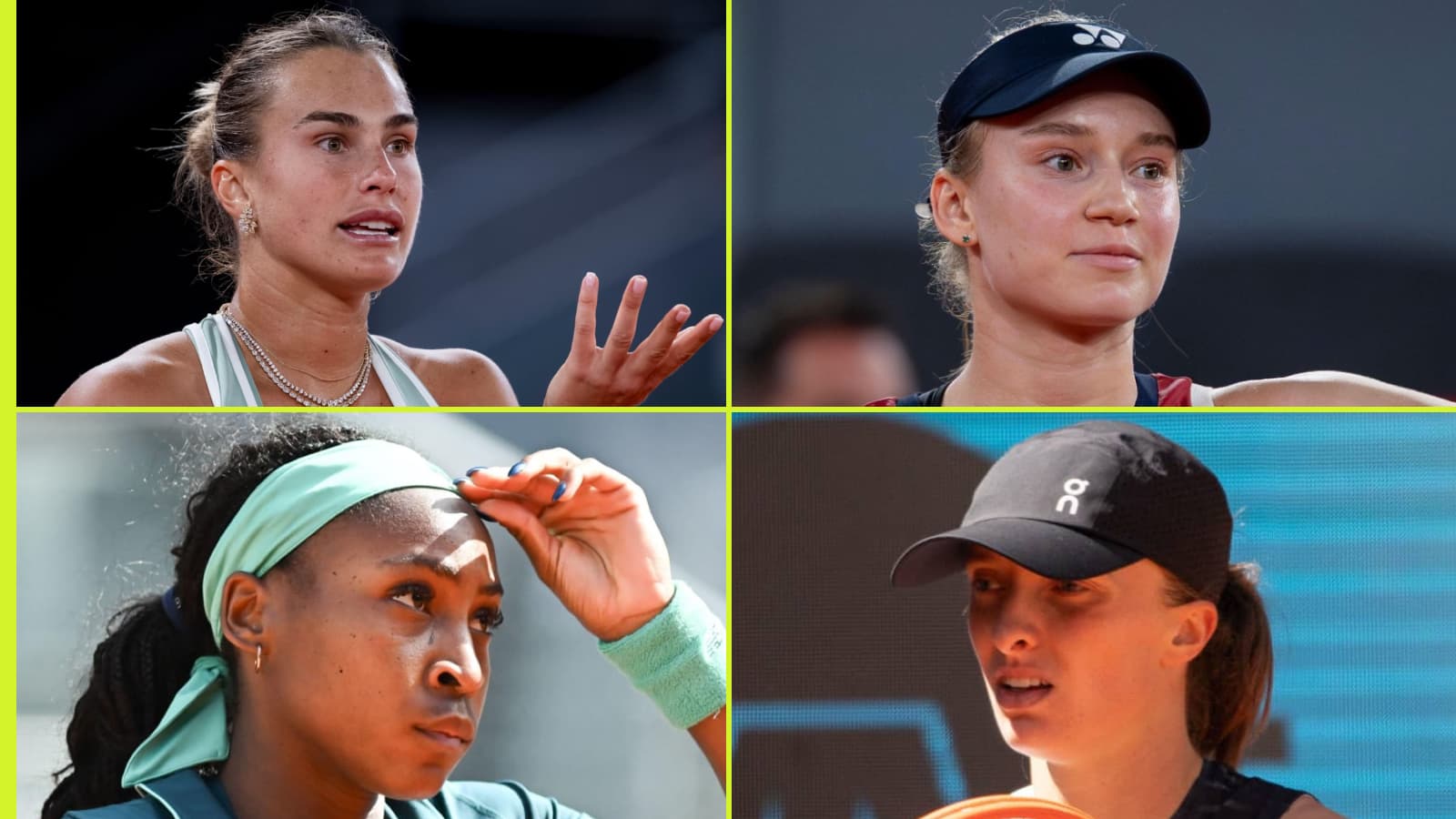Top WTA players Aryna Sabalenka, Elena Rybakina, Coco Gauff, and Iga Swiatek