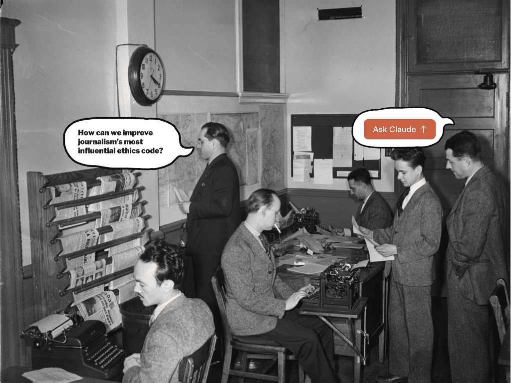 Illustration representing the debate over AI ethics codes in journalism newsrooms
