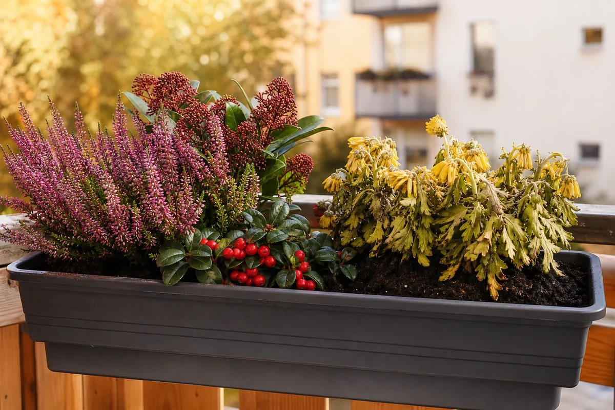 Heather planted with compatible evergreen partners in a balcony box
