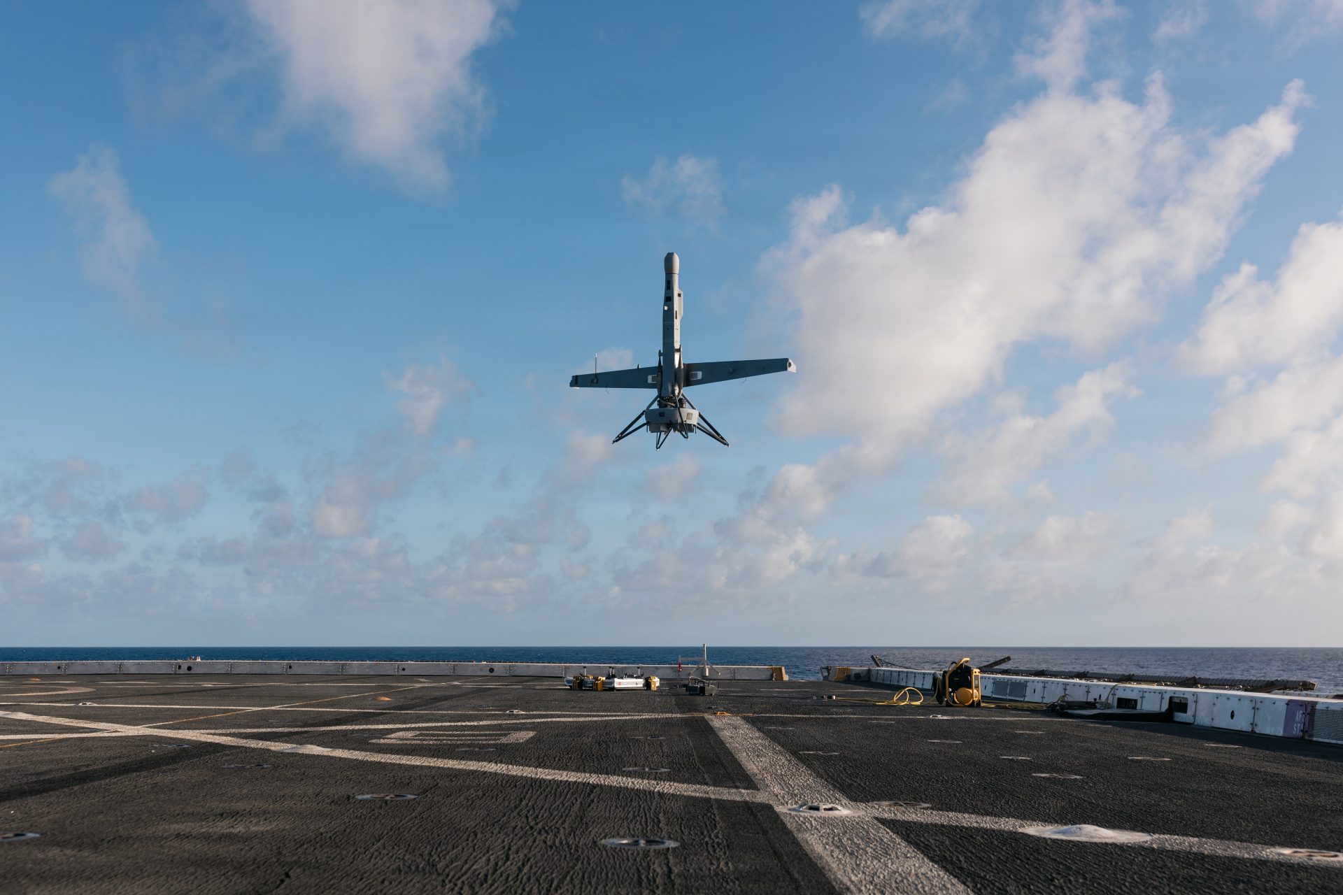 A VBAT unmanned aerial system launches from the USS Portland (LPD 27) during counter-small UAS training, Pacific Ocean, April 2026