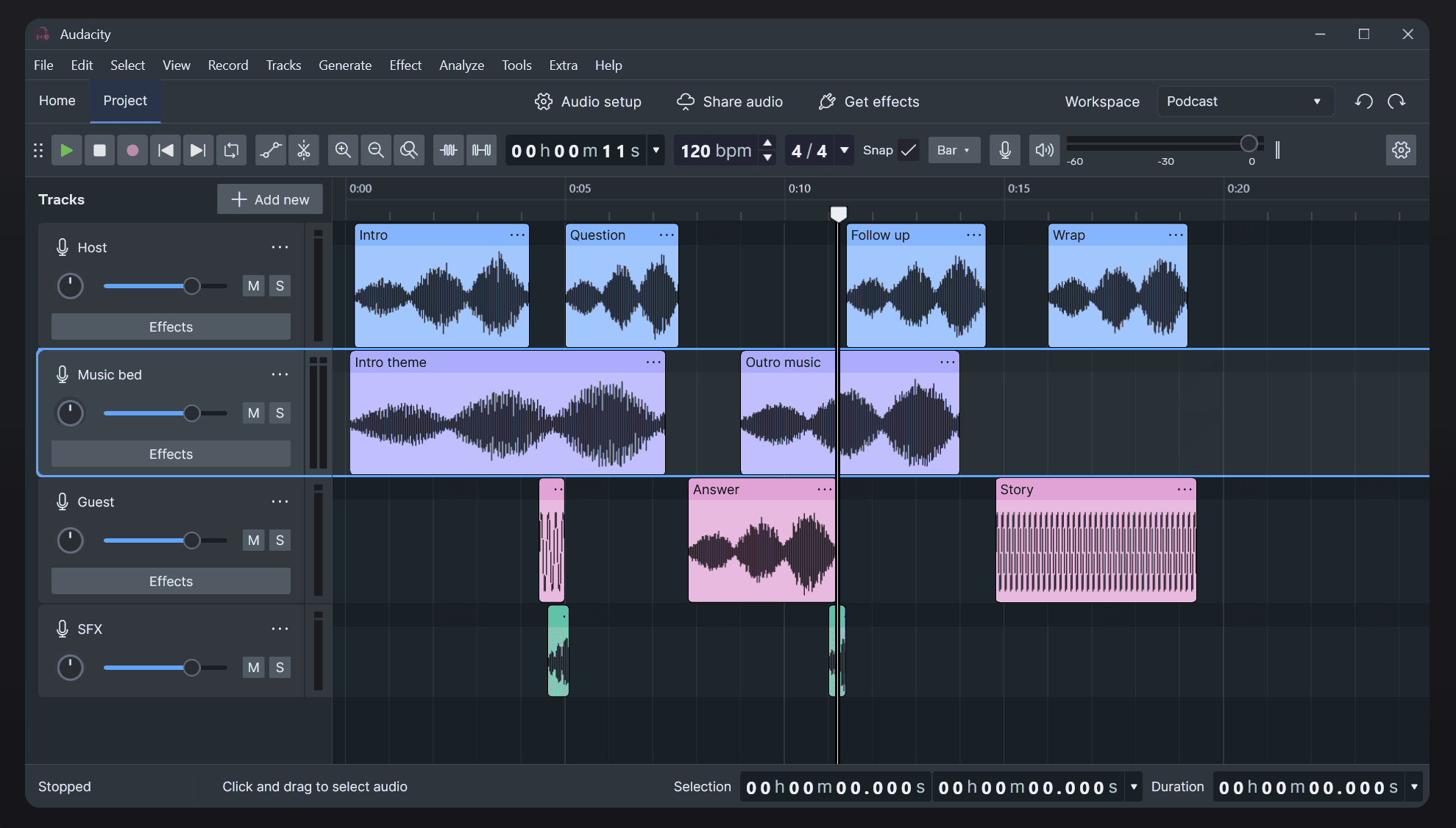 Screenshot of the new Audacity 4 interface showing the updated Qt-based UI