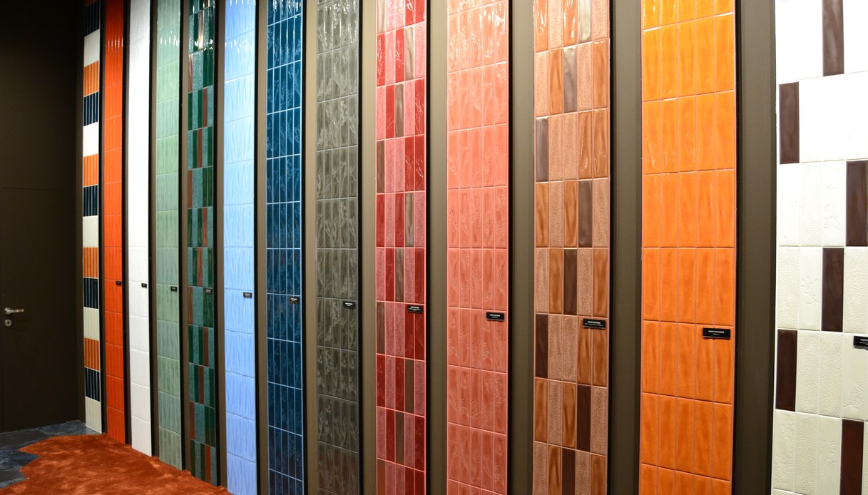 Colorful tile samples and vertical 3D panels shown at Cersaie 2026