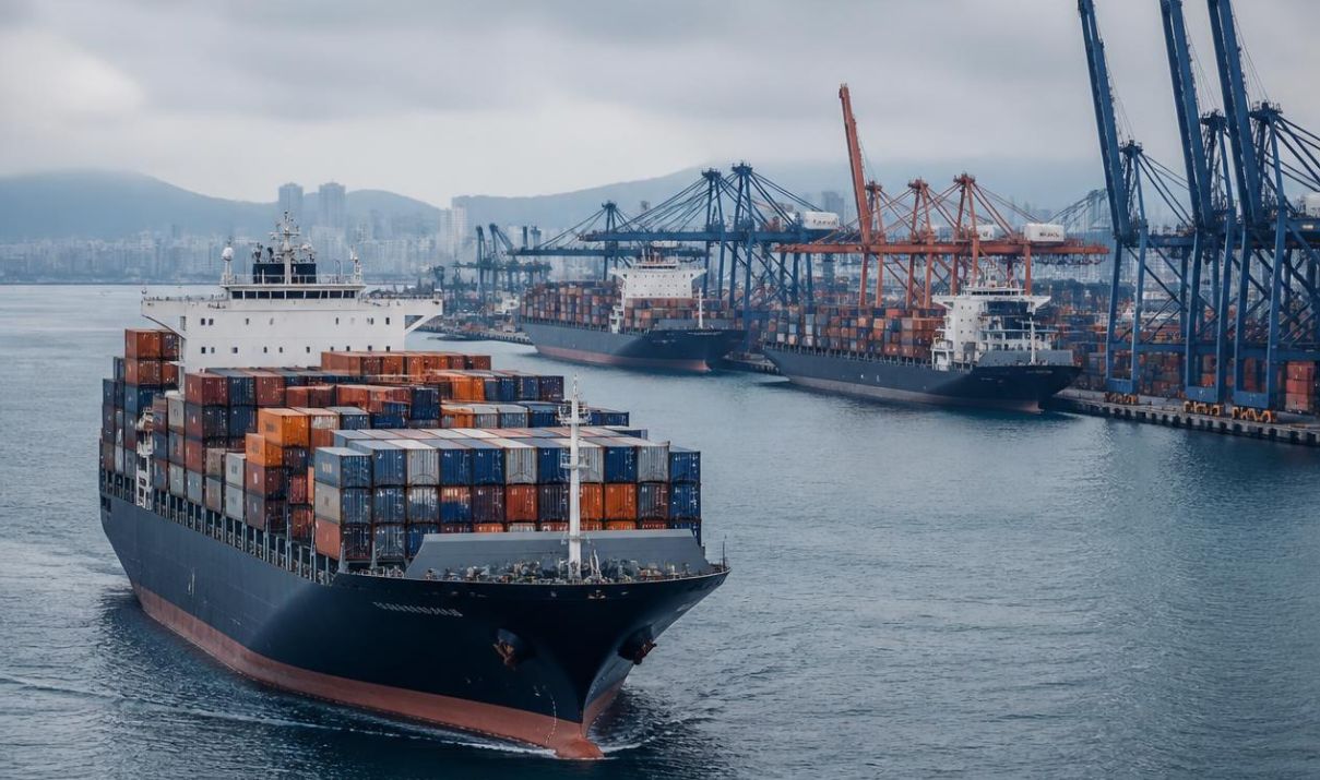 A busy container port showing signs of heavy traffic and potential congestion