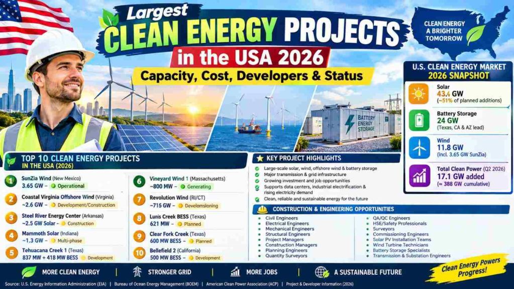 Map and data visualization of major U.S. renewable energy projects by state, showing capacity and timeline