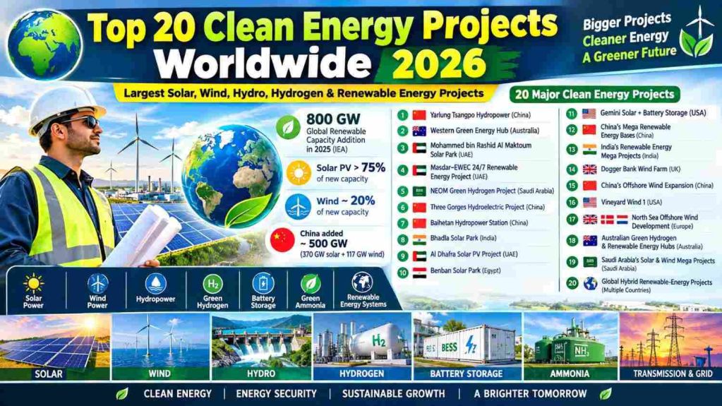 Infographic showing global map of major clean energy projects with capacity indicators and deployment timelines