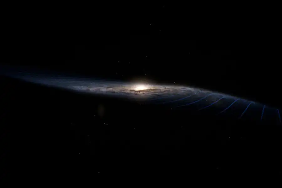 An illustration of the Milky Way's warped disk and surrounding structures, highlighting the galaxy's outer edge and pillar regions