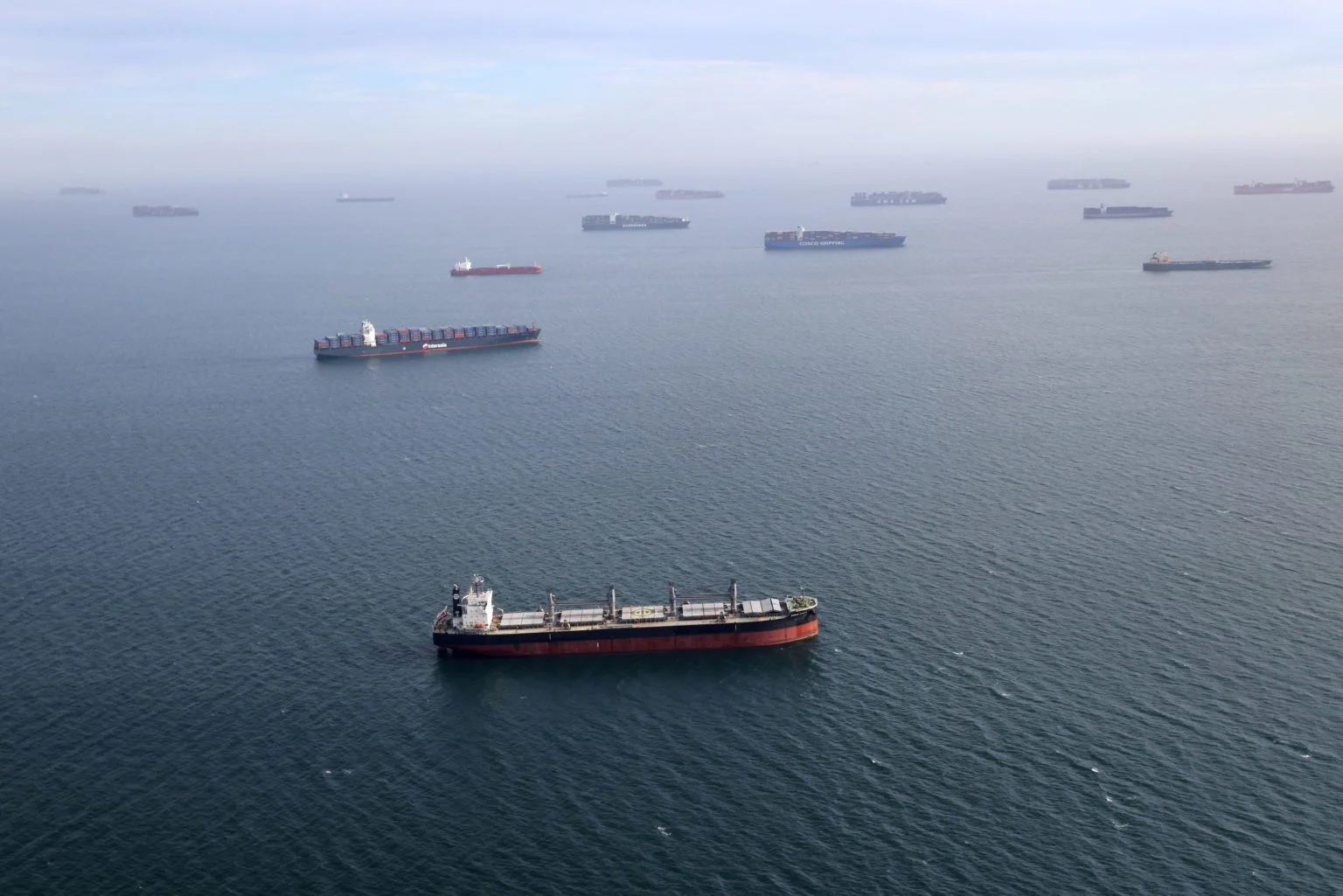 Container ships waiting at a congested port
