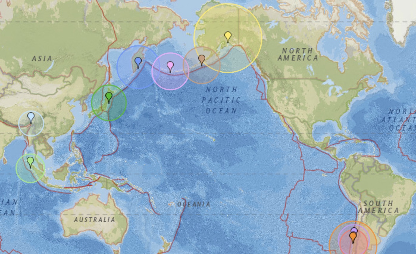 Global earthquake tracking map showing recent seismic activity