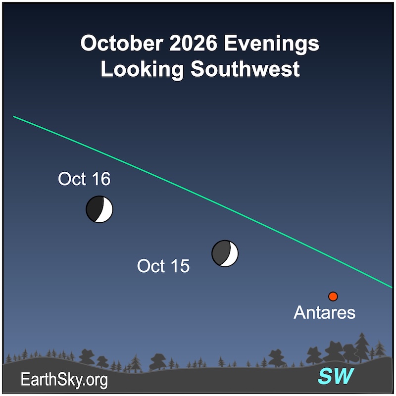 Thin waxing crescent moon near Antares in the night sky