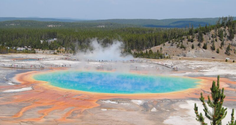 Yellowstone's Grand Prismatic Spring, the park's famous hot spring over a volcanic caldera