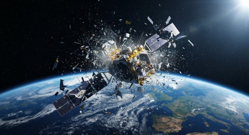 Illustration of a satellite breakup in Earth orbit