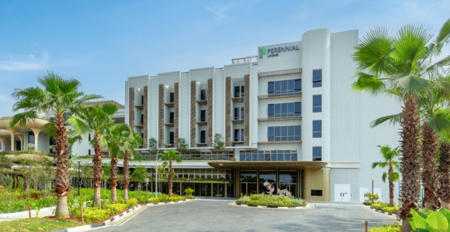 Exterior view of the luxury assisted living facility in Singapore featuring modern architecture and amenities