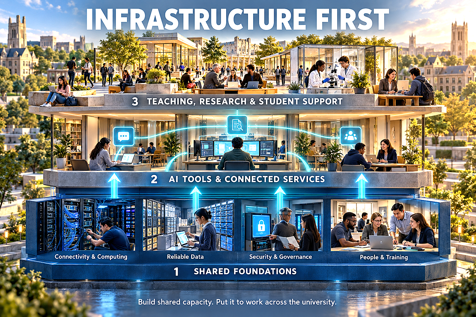 Three-tier university AI infrastructure model diagram