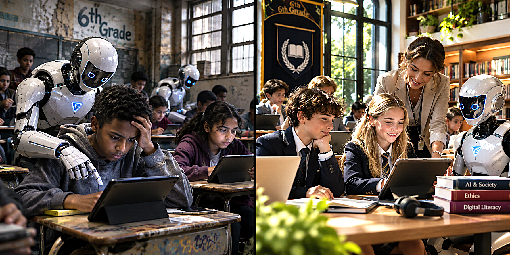 Illustration depicting two classrooms with contrasting futures