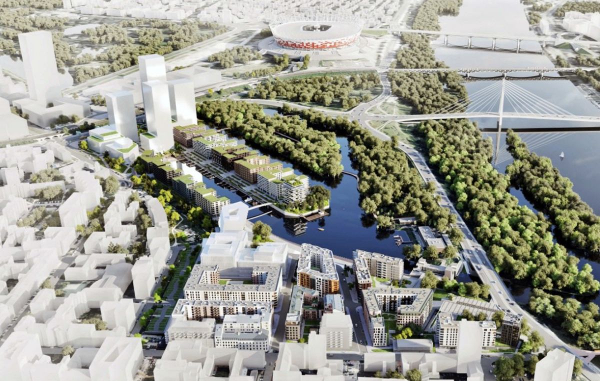 Urban development rendering near Warsaw's National Stadium metro station area