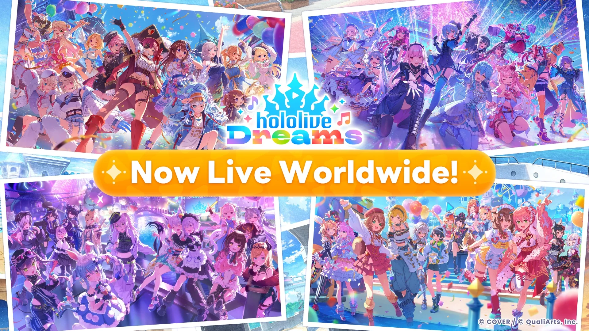 hololive Dreams launch announcement showing rhythm gameplay interface and character selection