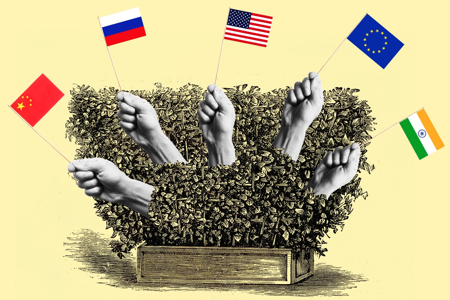 Illustration depicting the complex web of hedging strategies in contemporary geopolitics