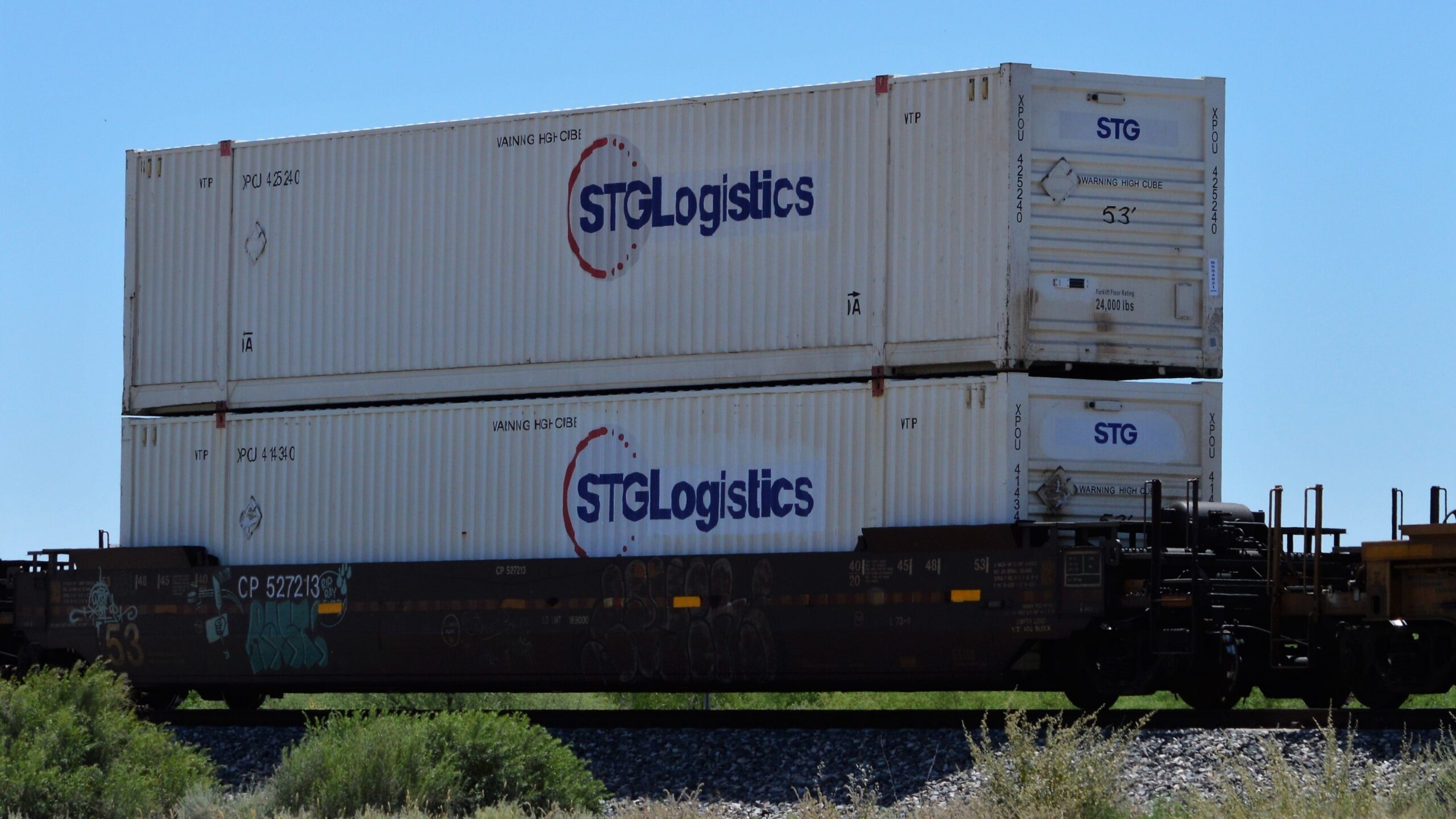 STG Logistics intermodal containers on a well car as company nears bankruptcy exit in April 2026