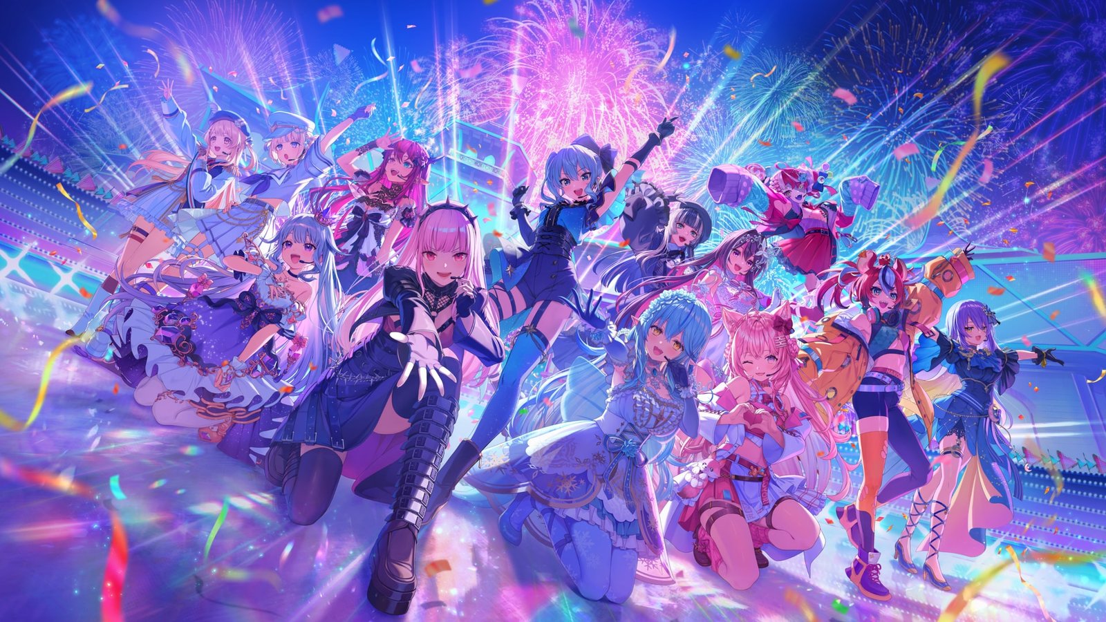 hololive Dreams park key visual showing multiple character designs in rhythm game interface