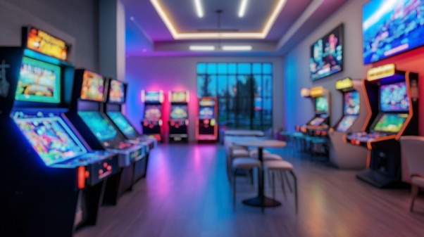 A retro-style arcade interior, illustrating the 2026 surge in popularity of classic gaming venues