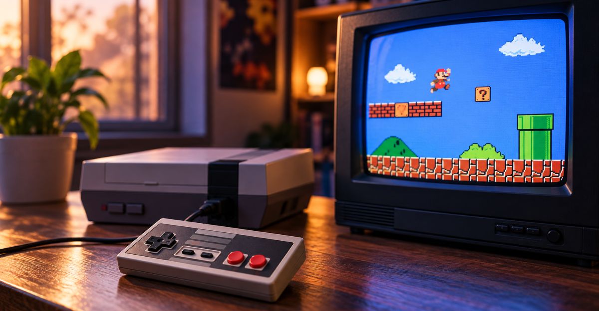 Modern retro handheld gaming device with pixel art display