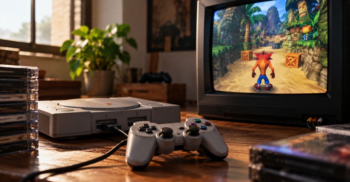 A cozy retro gaming setup featuring a PlayStation console and nostalgic decor, illustrating the comfort trend in retro gaming.
