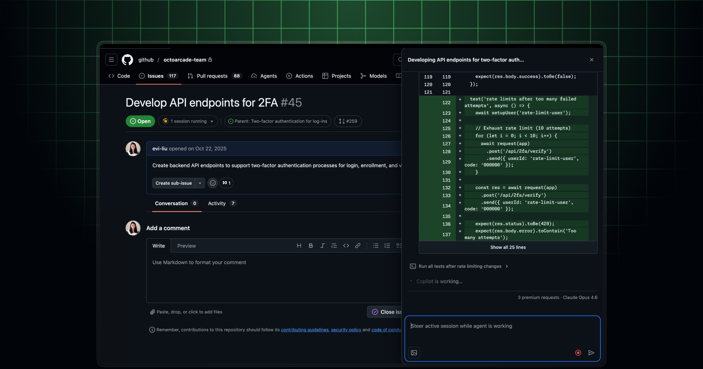 GitHub agent session management UI showing session pills in issues and project boards