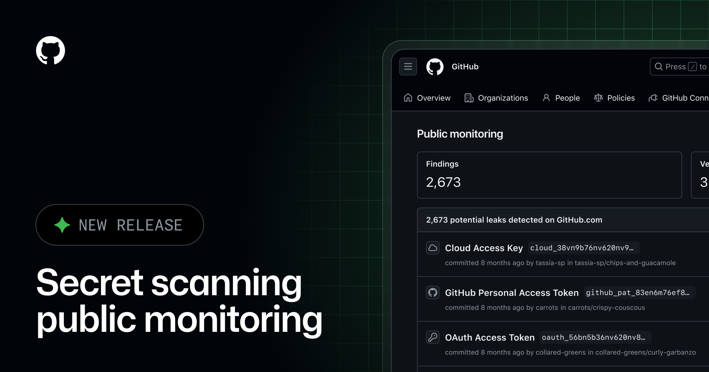 Screenshot showing secret detection across public repositories
