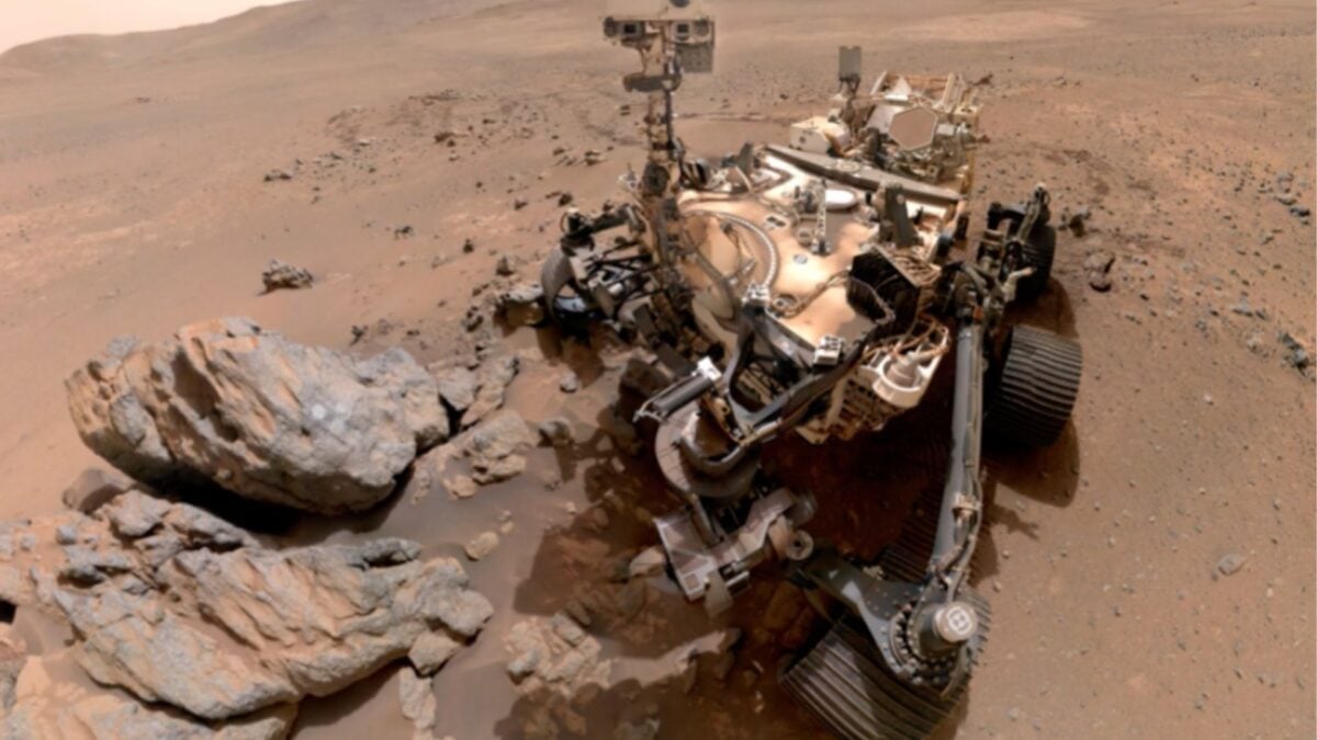 Perseverance rover selfie close-up showing the rover's instrument arm