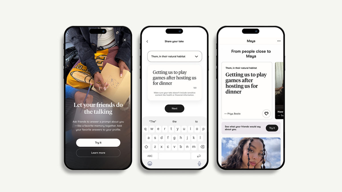 Screenshot of Hinge's new Friend's Take feature allowing friends to add testimonials to dating profiles