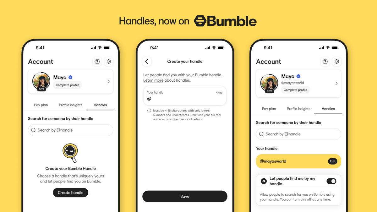 Bumble's new handle feature interface