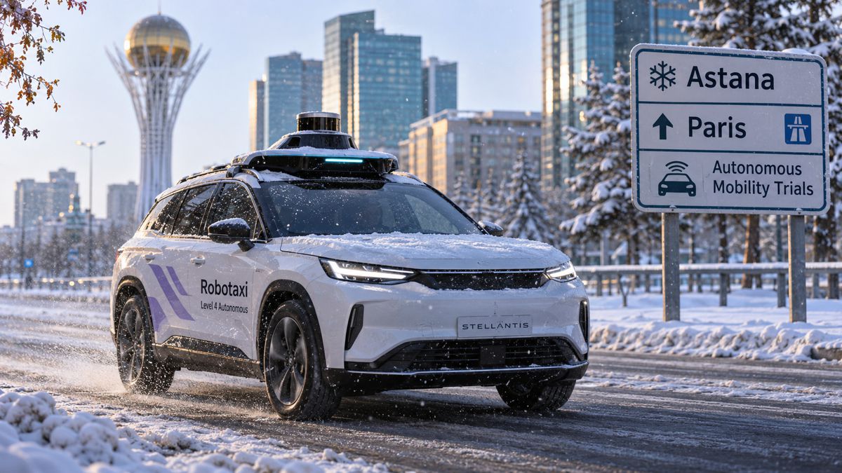 Robotaxi in a snowy cityscape in Astana, Kazakhstan