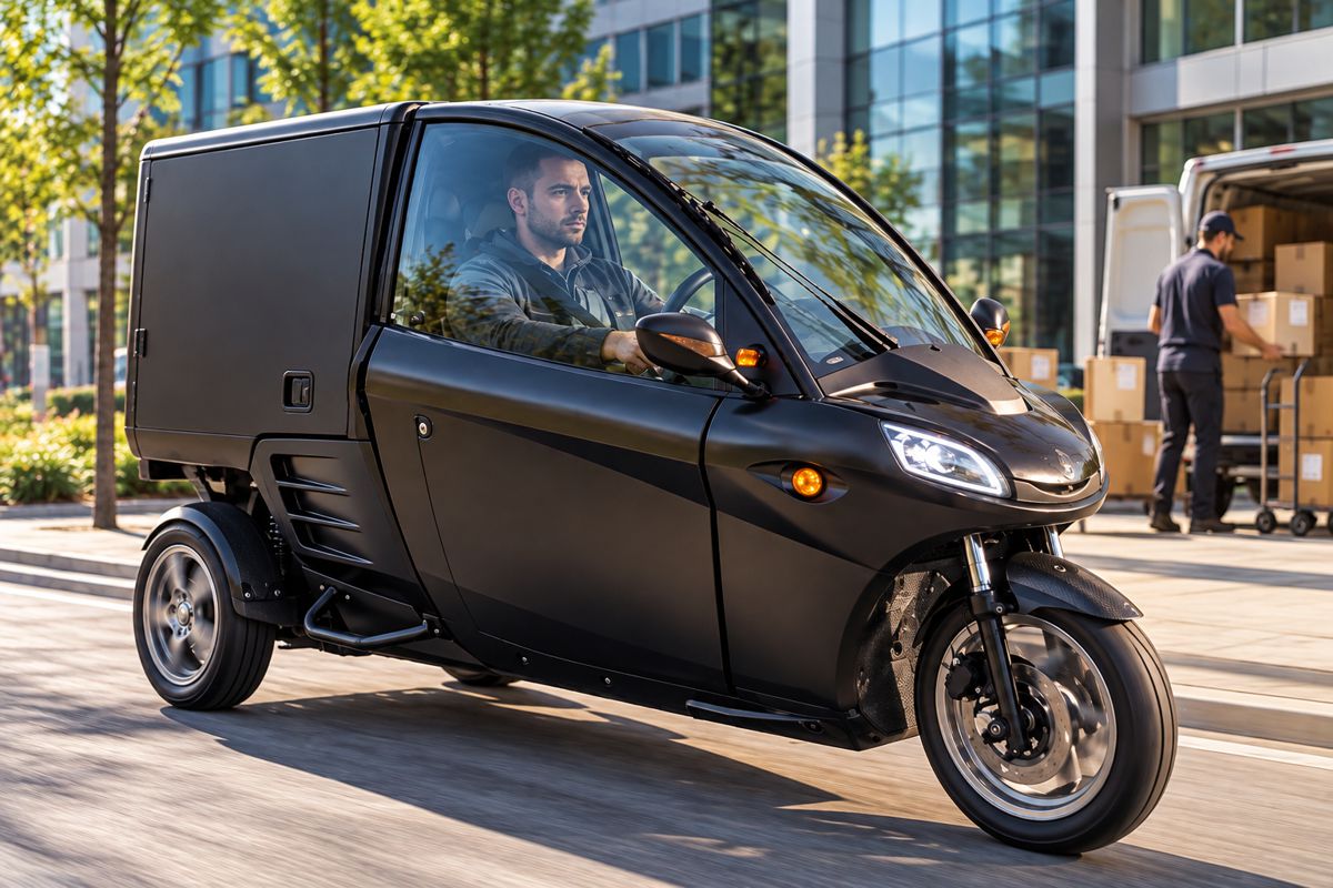 Illustration of futuristic electric delivery trike in cityscape