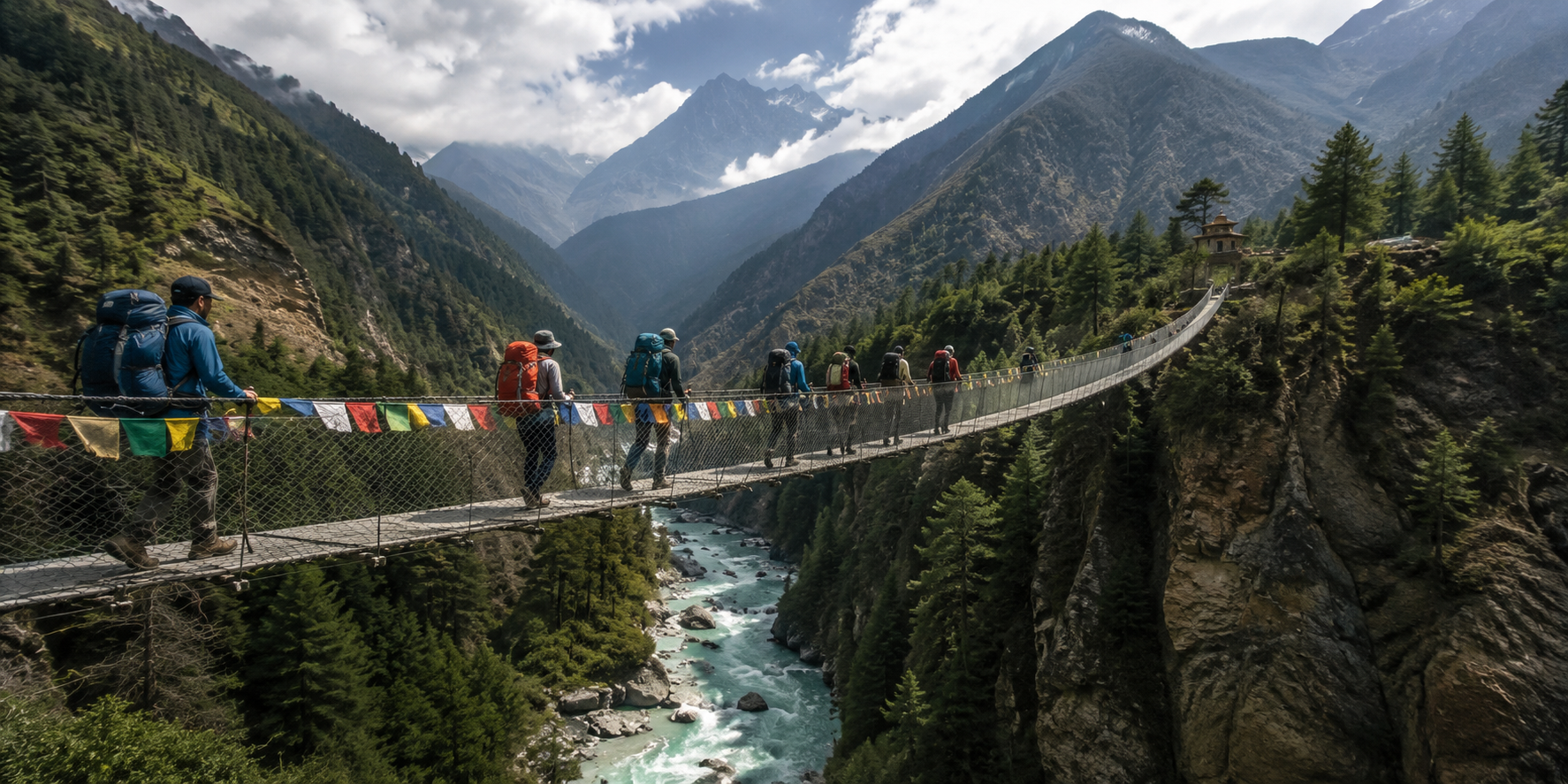 Hikers on a trail in Bhutan's mountainous landscape