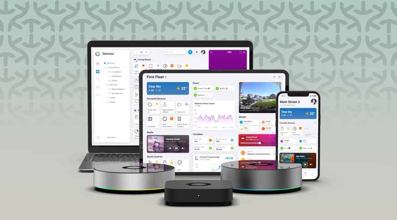 Homey app interface displaying OTA update capabilities for multiple protocols