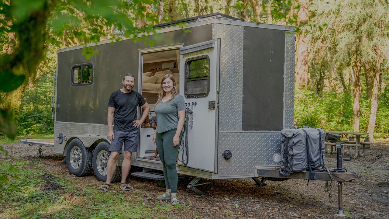 Cargo trailer tiny home interior showing living space conversion with modern finishes