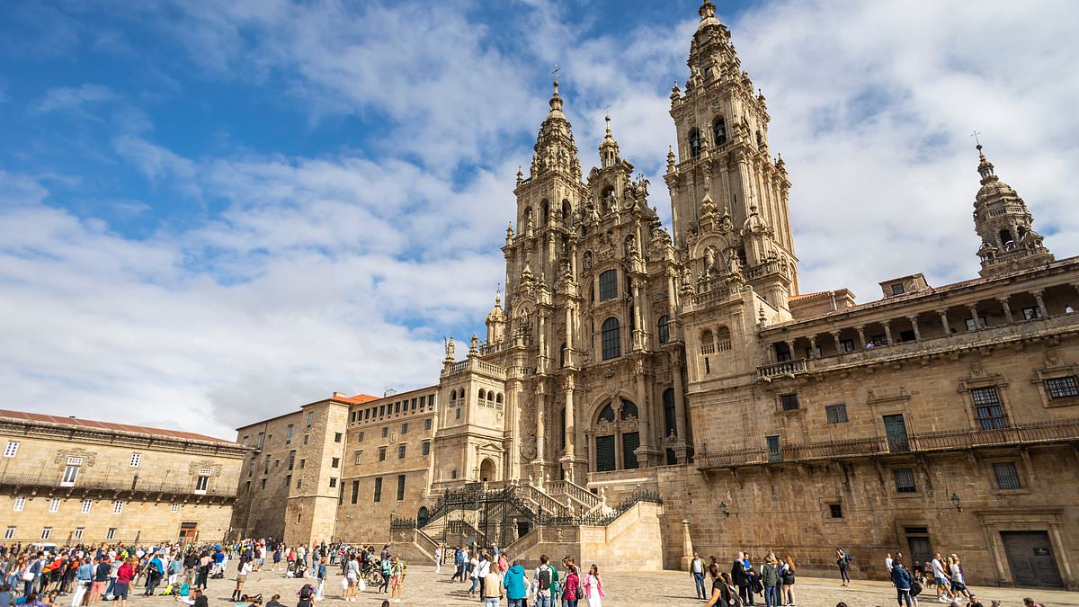 Pilgrims celebrating in Santiago de Compostela