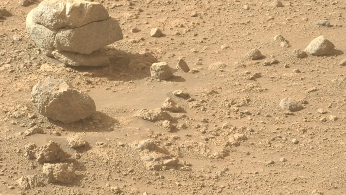 Perseverance rover's unusual stacked rock formation on Mars surface