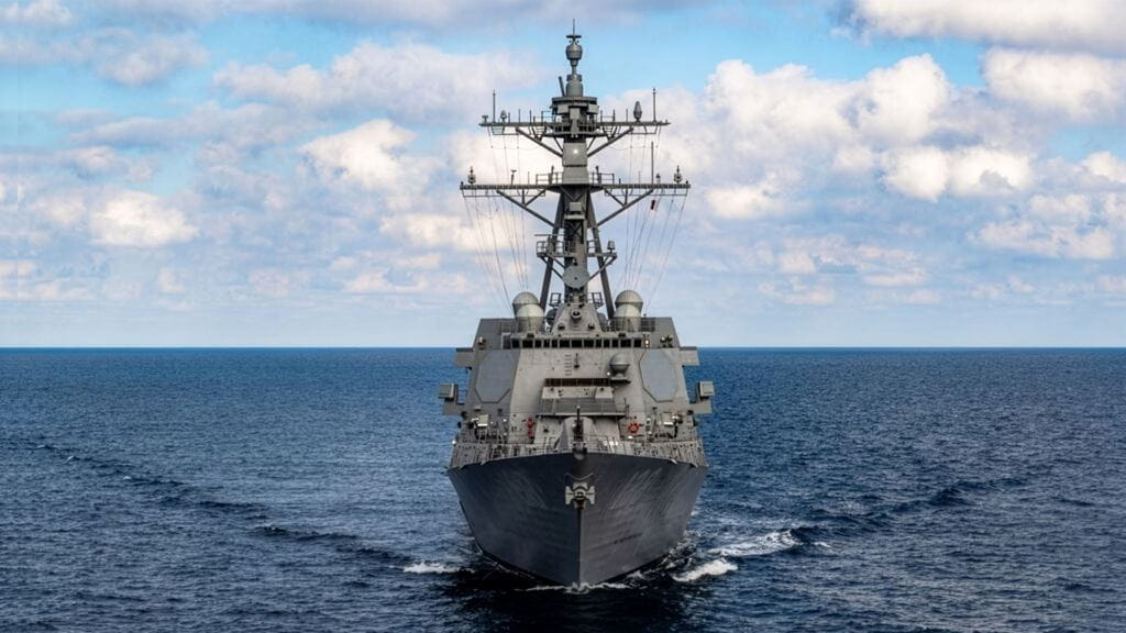 Naval warfare ship at sea with radar systems