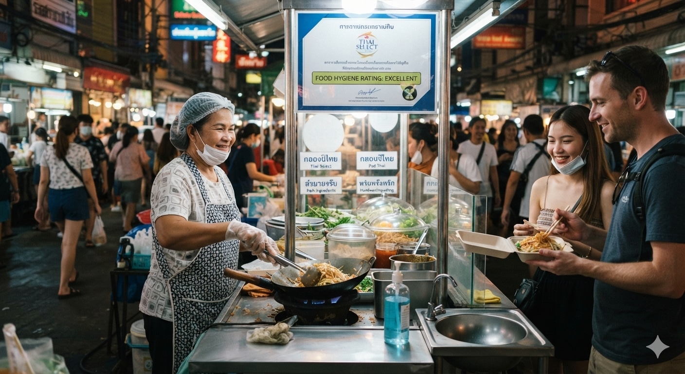Street food stall in Bangkok illustrating typical hygiene conditions