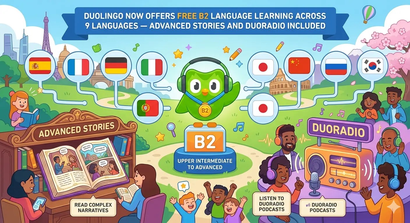 Duolingo's new free B2 language learning interface, showing Advanced Stories and DuoRadio features