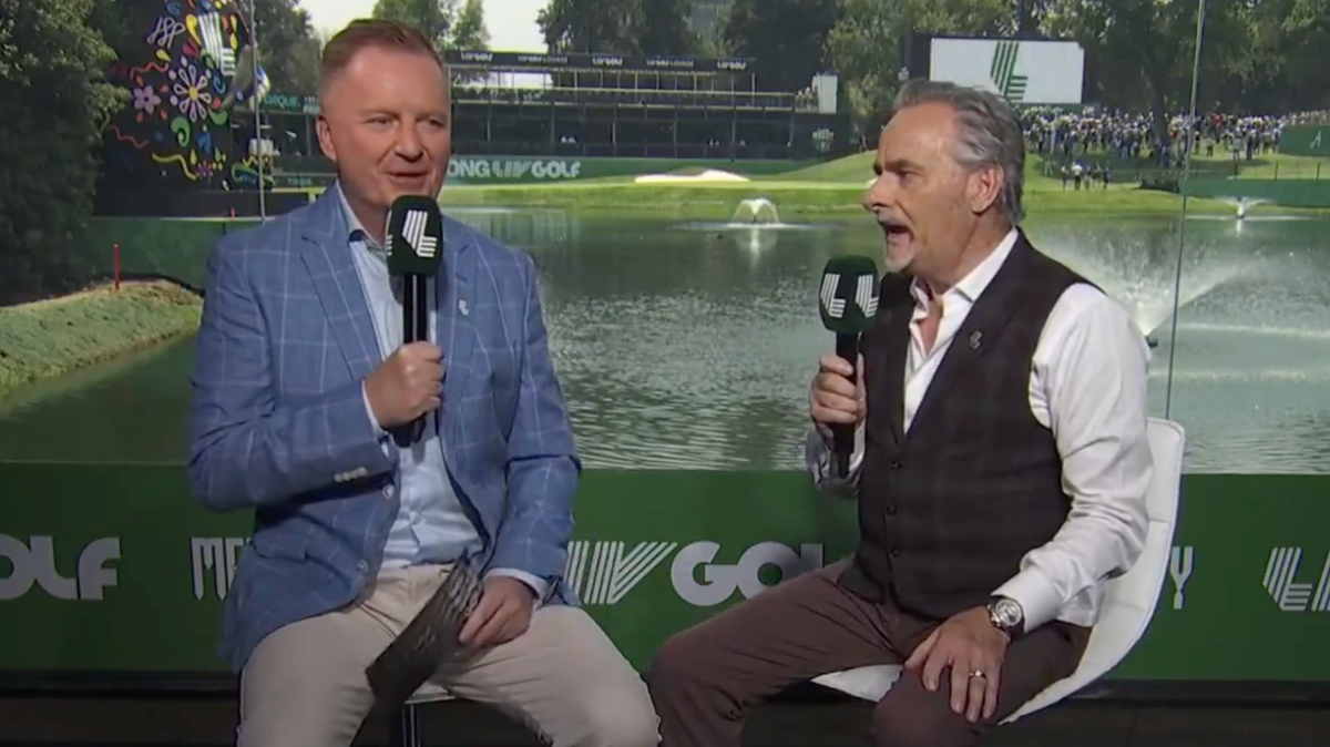 LIV Golf broadcast screenshot showing on-air hosts discussing the tour's potential collapse