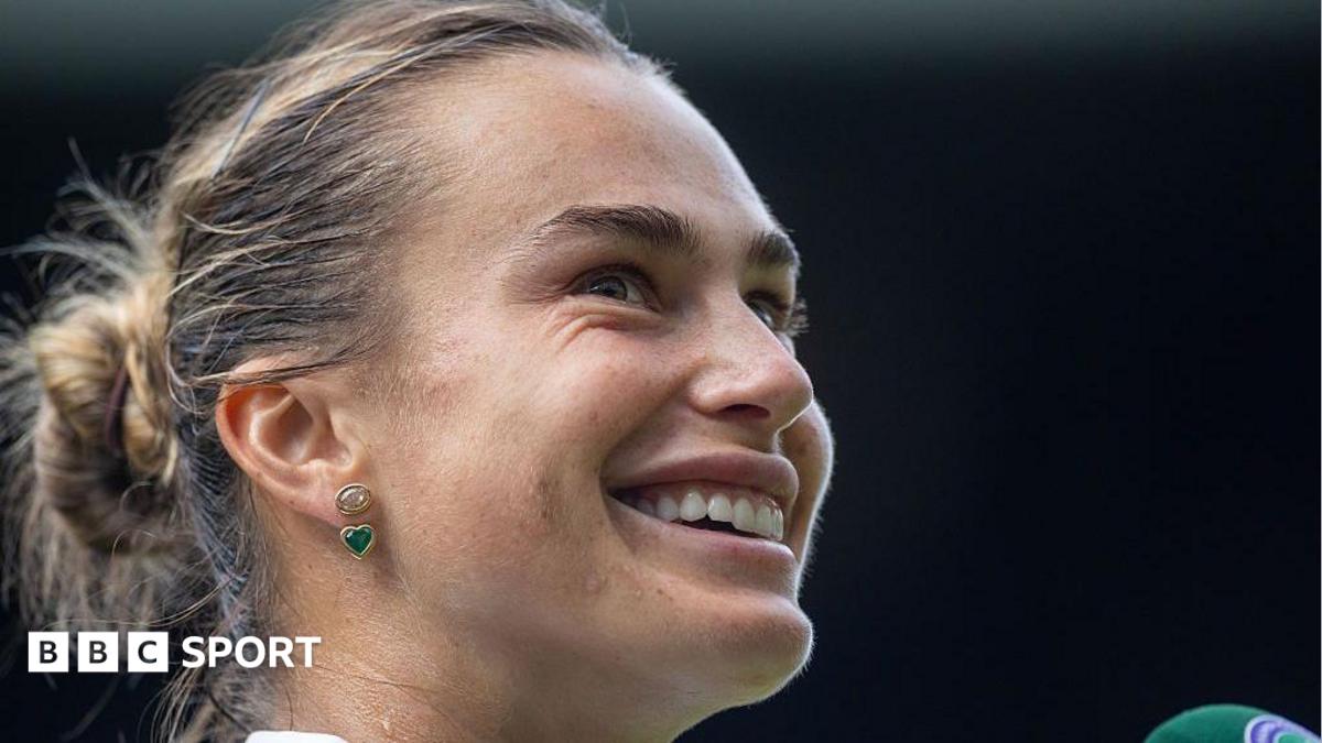 Aryna Sabalenka serving at Centre Court during her opening Wimbledon match