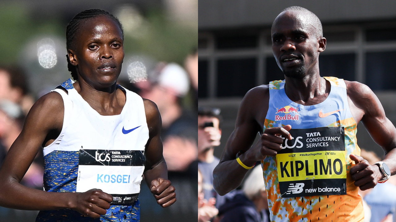 Brigid Kosgei and Jacob Kiplimo at an anti-doping launch event